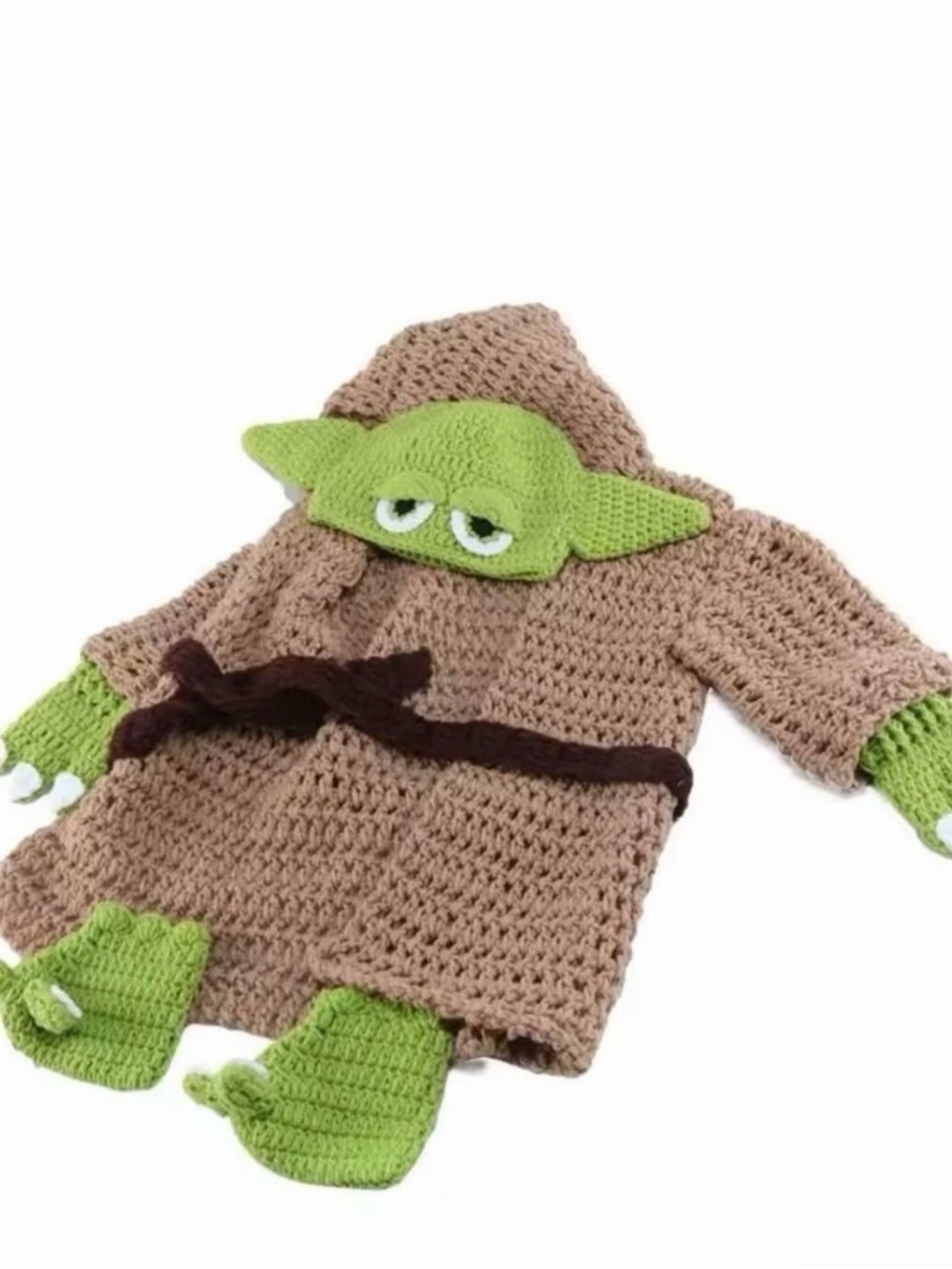 Handmade Green & Brown Yoda-Inspired Crochet Kids Costume Hoodie